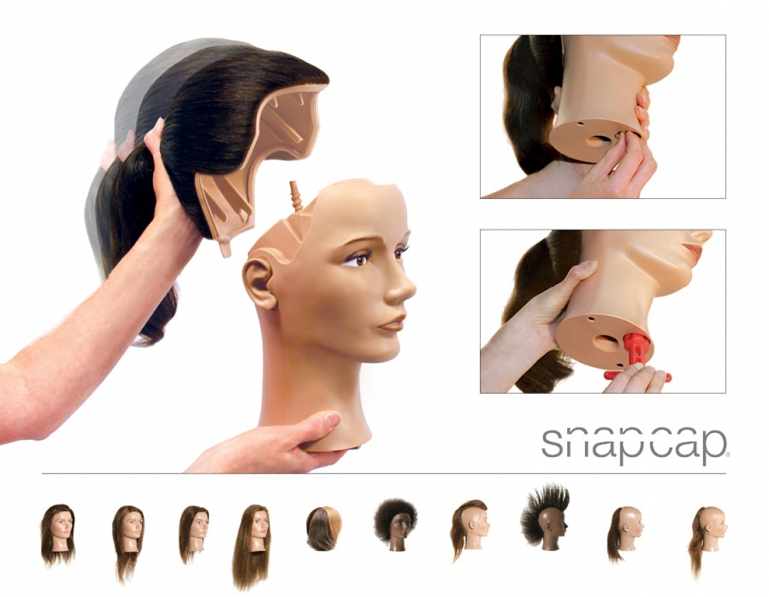 Grâce aux « caps » interchangeables, vous avez seulement besoin d'une tête polyvalente pour vous exercer sur différentes possibilités de coiffures.